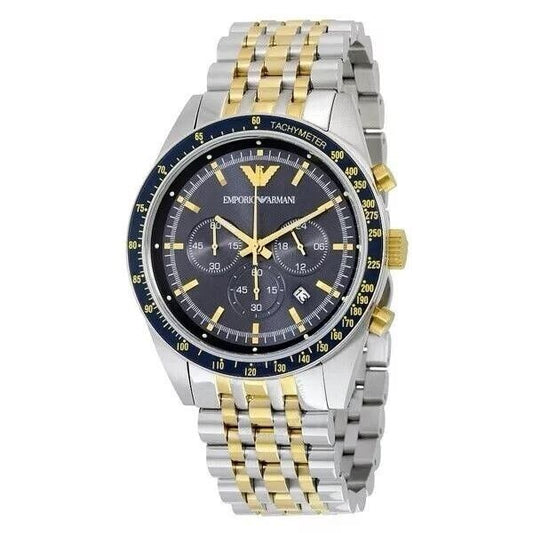 Men's Emporio Armani Tazio Chronograph Blue Dial Watch Two Tone AR6088 RRP £369