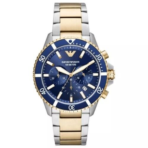 Men's Emporio Armani AR11362 Two Tone Gold & Silver Watch Blue Dial RRP £359