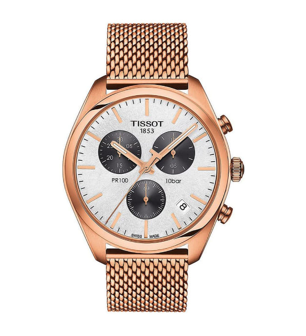 Tissot T Classic PR 100 Chronograph Silver Dial Rose Gold Mesh Bracelet Watch For Men - Image 3