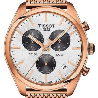 Tissot T Classic PR 100 Chronograph Silver Dial Rose Gold Mesh Bracelet Watch For Men