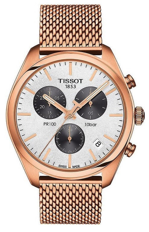 Tissot T Classic PR 100 Chronograph Silver Dial Rose Gold Mesh Bracelet Watch For Men